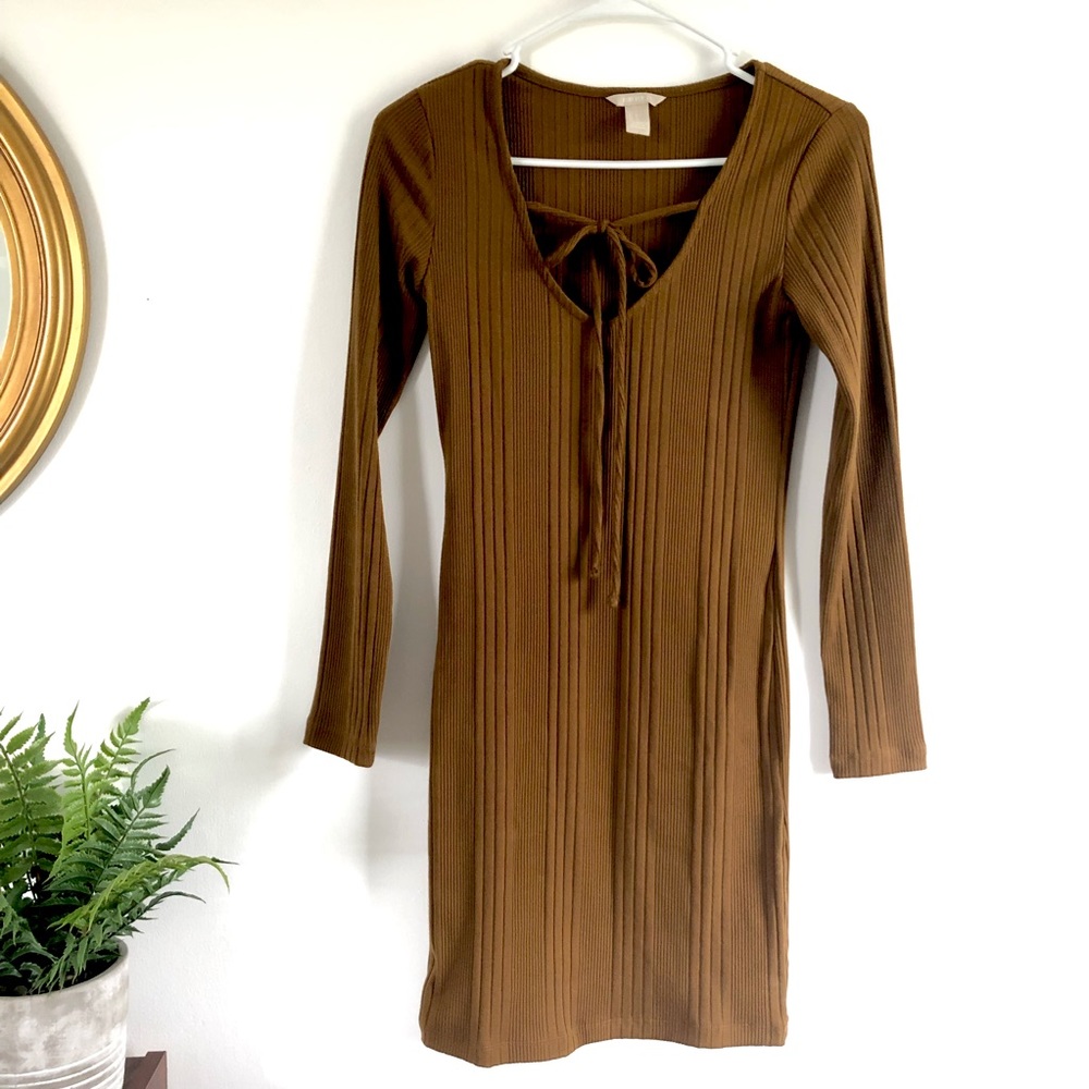 Brown Long Sleeve Front-Tie Mini Dress